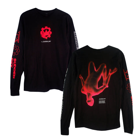 Two black Crown The Empire Tultex long-sleeve shirts feature red and white graphics: a red distorted face with text on the front, a glowing red silhouette with more text on the back, plus additional graphics printed on both sleeves.