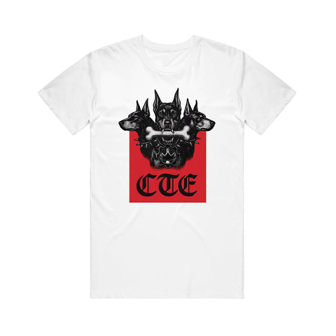 White printed t-shirt by Crown The Empire featuring a black three-headed dog holding a bone, set on a red rectangle, with "CTE" in bold black font below. Printed on premium Gildan Hammer custom apparel.