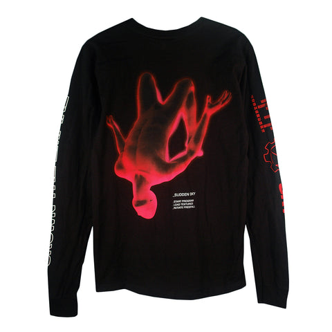 Crown The Empire black long-sleeve Tultex shirt with a large red upside-down human silhouette and white text/graphics on the back and sleeves. Bold, futuristic design—ideal for fans of custom apparel.