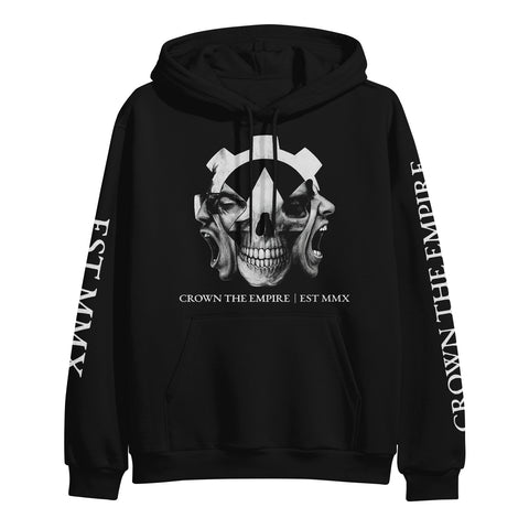 Black hoodie by Crown The Empire featuring two skull graphics—one forward, one screaming. Heavyweight pullover with "CROWN THE EMPIRE | EST MMX" printed below the design and on the sleeves.
