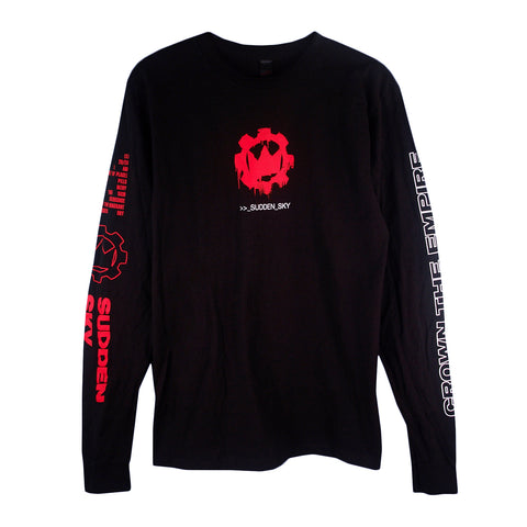 Black Tultex long sleeve shirt by Crown The Empire featuring red gear and crown graphics with SUDDEN_SKY on the chest, white CROWN THE EMPIRE text on the right sleeve, and red designs on the left—perfect custom band apparel.