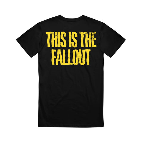 image of the back of a black tee shirt on a white background. tee has yellow text across the shoulders that says this is the fallout.