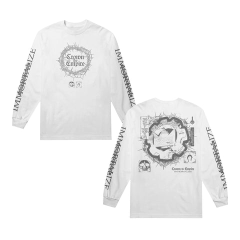 White long-sleeve Crown The Empire shirt featuring thorny crown graphics on front/back, black artwork, and IMMORTALIZE text down both sleeves. Modern classic fit in soft ring-spun cotton for comfort.