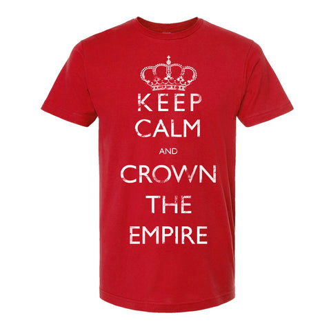 Image of a red tshirt on a white background. The tshirt has an image of a crown at the top and below that in white writing the text says keep calm and crown the empire.