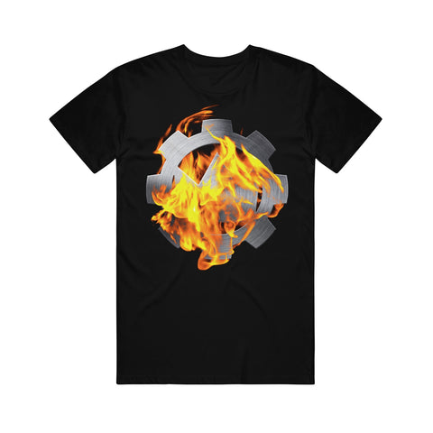 image of the front of a black tee shirt on a white background. tee has a full chest print of a cog on fire. 