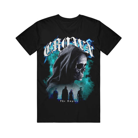 image of a black tee shirt on a white background. tee has full body print of a skull head grim reaper over a group of zombies. at the top says crown and the bottom says the empire