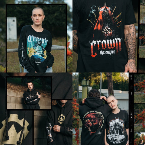 A collage of people modeling black Crown the Empire band merch, including graphic T-shirts and hoodies, outdoors with greenery and orange flowers in the background.