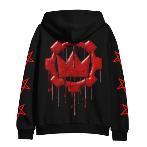 image of the back of a black pullover hoodie on a white background. hoodie  has a full back print of a red crown cog logo dripping blood