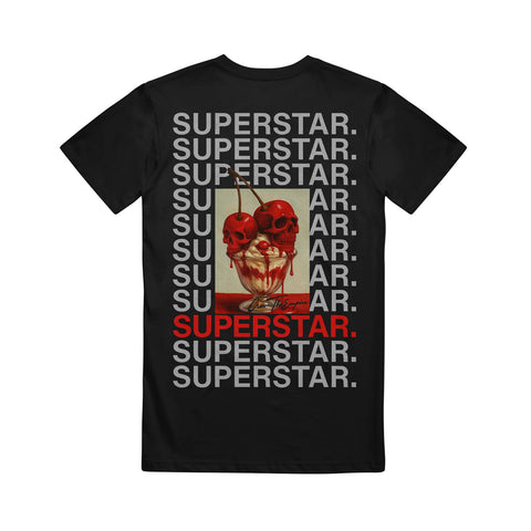 Black Gildan t-shirt by Crown The Empire, with repeated gray “SUPERSTAR.” text (one in red) and two red skulls pierced by cherries over a milkshake graphic at the center.