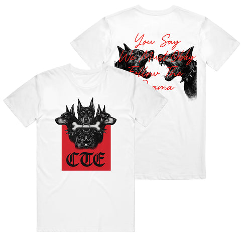 Crown The Empire white tee on Gildan Hammer with a bold front: black three-headed dog over a red CTE rectangle. Back features red cursive and black graphics, reading “You Say We Must Only Follow The Drama.” Custom band apparel at its finest.