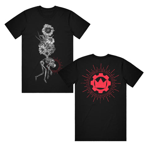 image of the front and back of a black tee shirt on a white background. front of the tee is on the left and has a full body print of a bouquet of flowered above a hunched over skeleton. the back of the shirt is on the right and has a print of the crown emblem