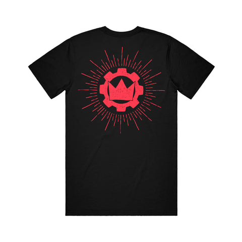 image of the back of a black tee shirt on a white background. tee  has a red print of the crown emblem