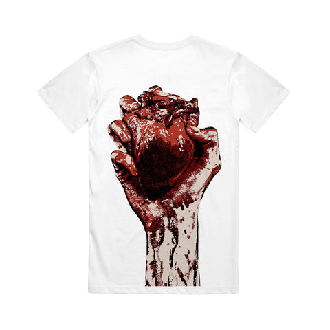 image of the back of a white tee shirt on a white background, the tee has a full back print of a hand holding a bloody heart