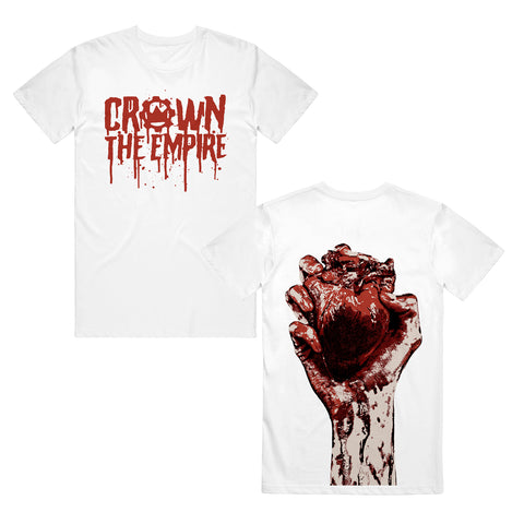 image of the front and back of a white tee shirt ona white background. front of the tee is on the left and has a full print in red across the chest that says crown the empire in blood dripping text. the back of the tee is on the right and has a full back print of a hand holding a bloody heart