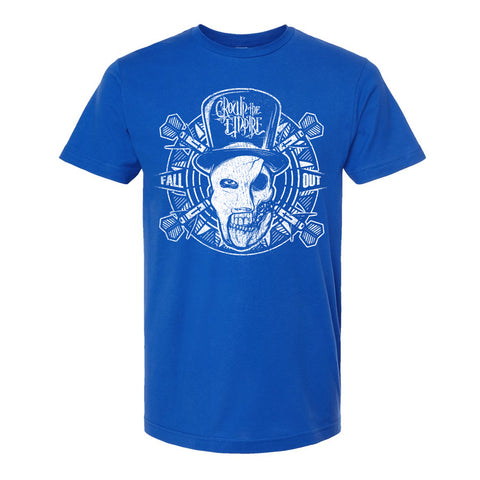 Royal blue tee on a white background. The tshirt features a mans face that is half skeletal. He is wearing a top hat that says crown the empire. His face is on a dart board and surrounded by darts. Next to his face are the words fall out. This design is done in white color.