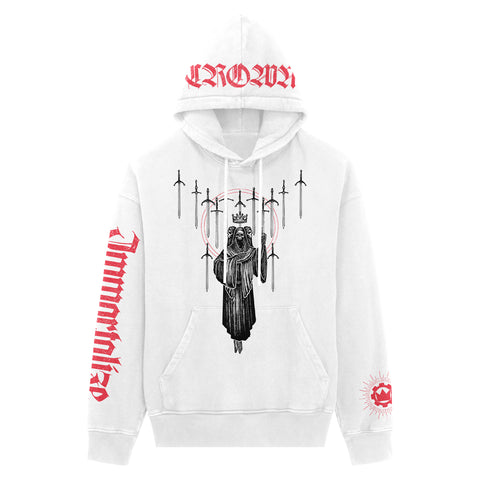 image of a white pullover hoodie on a white background. hoodie has full body print of a skeleton in a cloak with swords surrounding it. the hood has a red print that says crown. the left sleeve says immortalize and the right cuff has the crown emblem logo