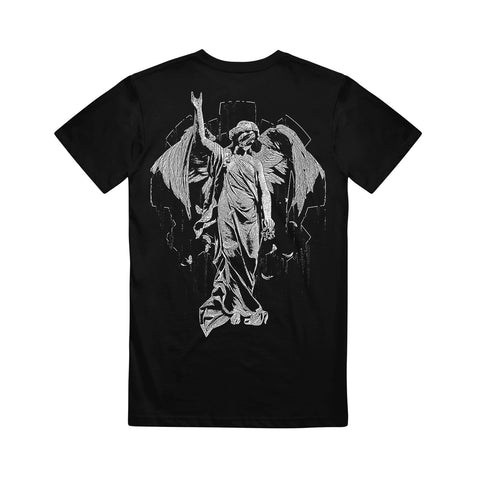 image of the back of a black tee shirt on a white background. tee has a full back print of an angel with one arm raised.